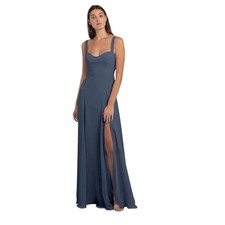 JENNY YOO Harris Slate Blue A-Line Chiffon Maxi Gown Side Slit Size 6