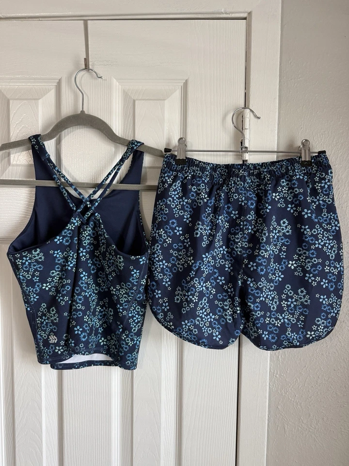 ALL IN MOTION Conjunto de Pantalones Cortos y Camiseta sin Mangas Atlética Conjunto de 2 Piezas Azul Floral XS Foto 2 de 4