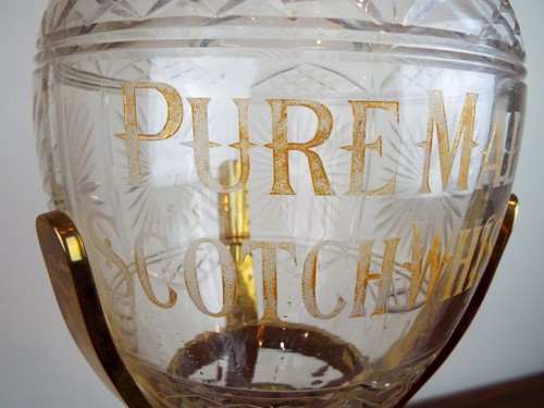 Antique English Victorian Crystal Pure Malt Scotch Whiskey Dispenser Brass Stand - Picture 3 of 12