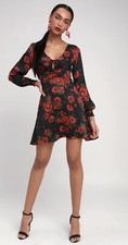 FREE PEOPLE Morning Light Poppy Polka Dot Black Red Mini Satin Dress size 6