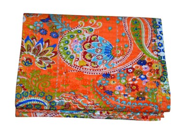 Indian Handmade Orange Twin Paisley Cotton Kantha Quilt Throw Blanket Bedspread 