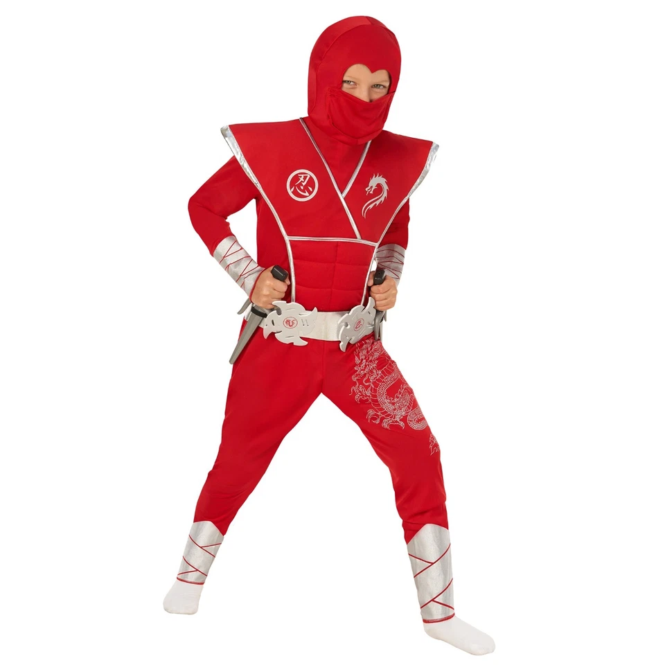 Disfraz de Ninja Rojo y Plateado para Niños + Juguetes Niños Niñas Traje de Guerrero Samurai Halloween Foto 3 de 4