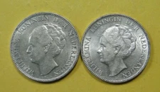 NETHERLANDS - TWO  GULDEN SILVER (.720) COINS = 1931 AND 1940