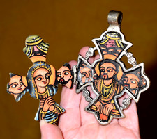 Hand Painted Ethiopian Coptic Christian Metal Cross ICON Pendant Ethiopia Africa