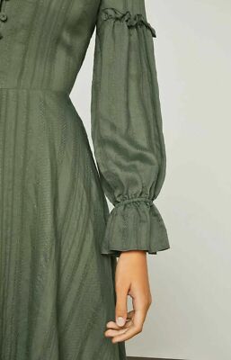 bcbg green ruffle dress $268 BCBGMAXAZRIA High Low Jacquard XXS Dusty Olive Boho Chic Lace up Back