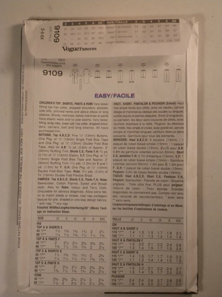 V-9109 Boy Girl Top Shorts Pants Pajamas Robe Sewing Pattern Vogue Size 5-6-6X - Image 2 of 4