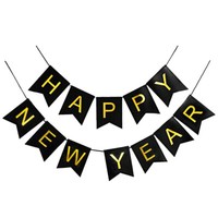 Happy New Year Wimpel Girlande Silvester Neujahr Party Feier Deko Schwarz Gold