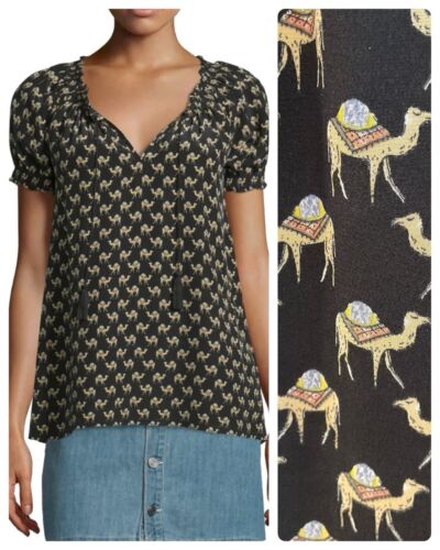 Joie Masha Camel-Print Silk Top Tassel Tie In Caviar Size S