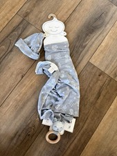 Toby Three Piece Newborn Waddle Blanket Set Gray And White Paisley Rattle Hat 