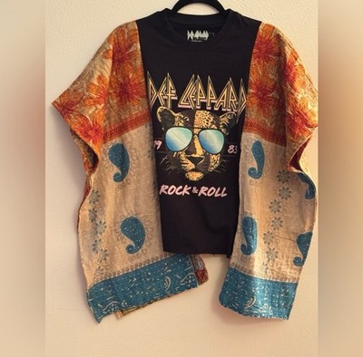 Granny D original. Def Leppard graphic t-shirt with Kantha Sleeves 