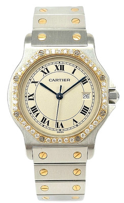 Cartier Santos Large 31mm 187902 Octagon 18K Yellow Gold & Steel Diamond Bezel