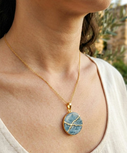 Authentic AQUAMARINE NECKLACE KINTSUGI Initial Necklace Gold Engraved Gold Plated Chain