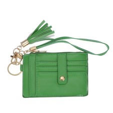 Slim Wallets Wristlet for Women, Card Case Metal Keychain with Tassel, Green