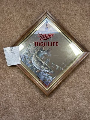 Vintage Miller High Life Tip-Up Mirror Sign Scott Zoellick Fishing Beer Bar 