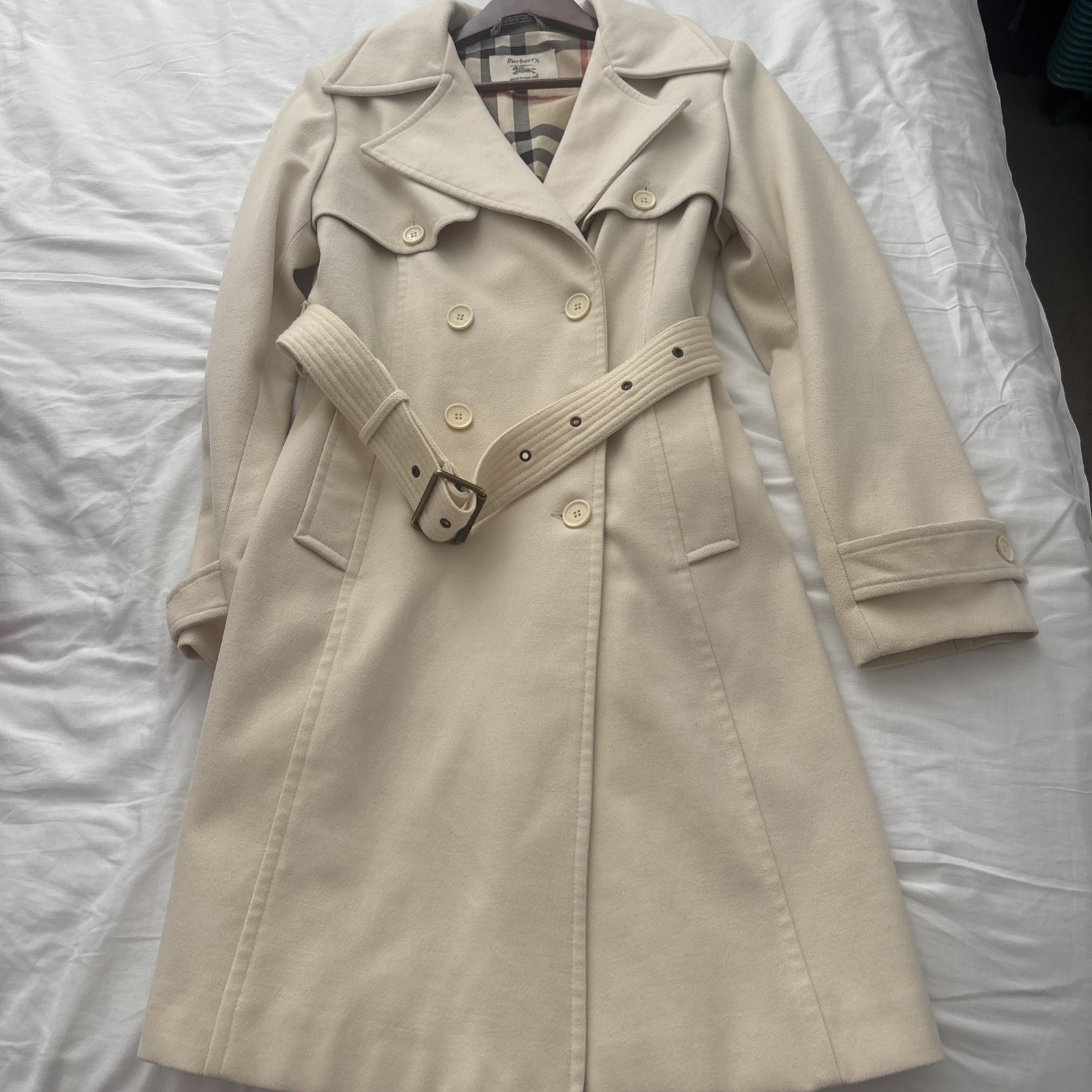 Burberry white Belted Wool pea Trench Coat Check Lining Mid-Length Size L