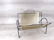 Vintage Mid Century Black Gold Mesh Metal Magazine Record Album Rack Stand