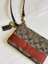 Vintage Y2K Coach Signature Stripe Wristlet Brown Orange 2006 EUC Leather Trim