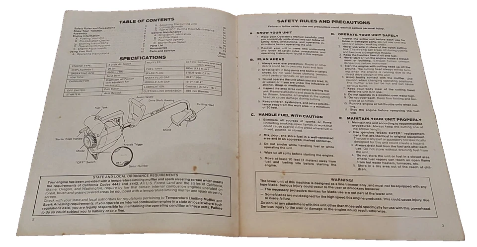 Weed Eater Model 1500 Trimmer Operator's Manual Made In USA Instructions Specs - Image 3 of 3
