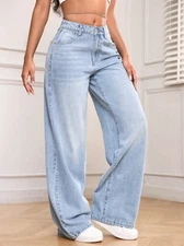 Vaquero Azul Largo Para Mujer Pantalones Anchos Mezclilla Pierna Ancha Recta AM