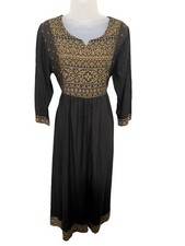 Imara XL Boho Peasant Zari Black Dress V Neck Cottage Neutral Ethnic Tan Brown