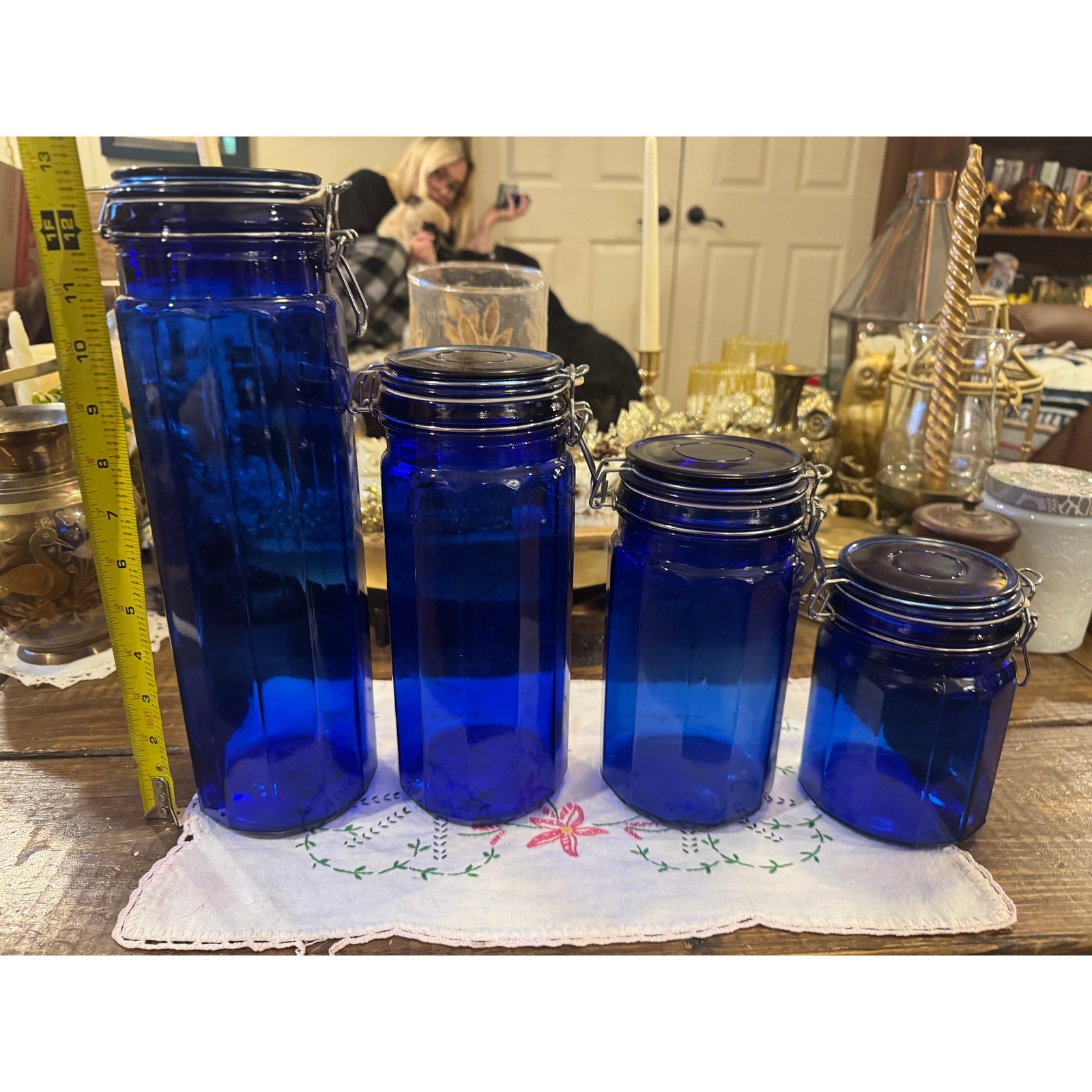 Vintage Cobalt Blue Glass Canister Set 4 Piece Octagonal Airtight Bail Lids