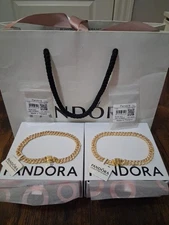 PANDORA TIMELESS AUTHENTIC 14KT GOLD PLATED PAVE CUBAN LINK 7.9UNISEX BRACELETS 