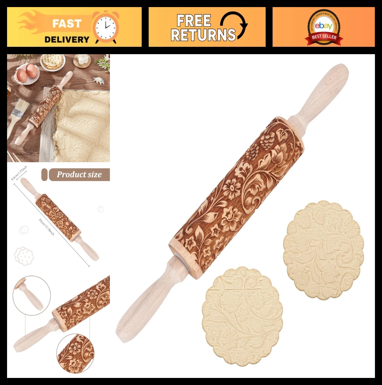 3D Flower Embossed Rolling Pin 35cm - Perfect for Baking, Pastry, Cookies & Doug