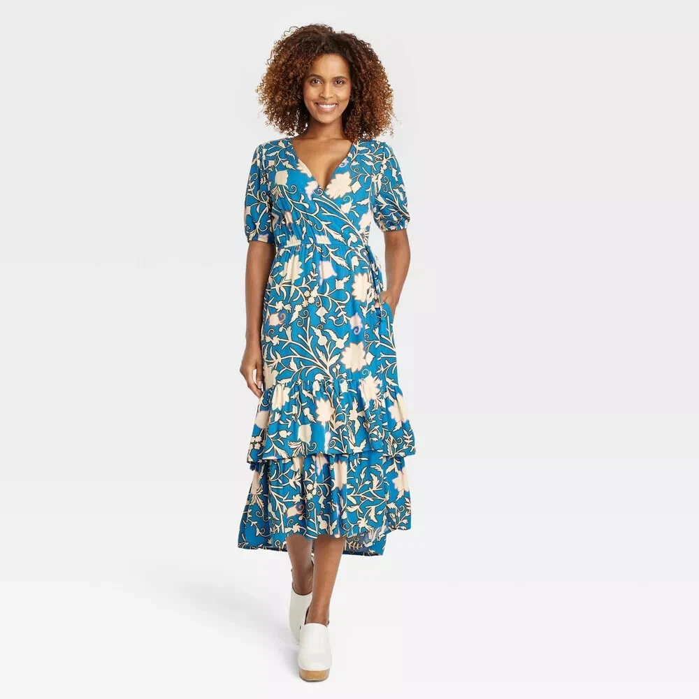 Knox Rose Blue Floral Midi Short Sleeve Wrap Dress Size LARGE