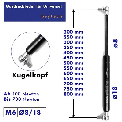Universal Gasdruckfeder, Gasfeder 200 800 mm 100 700N, Kugelkopf Endstücke 8/18