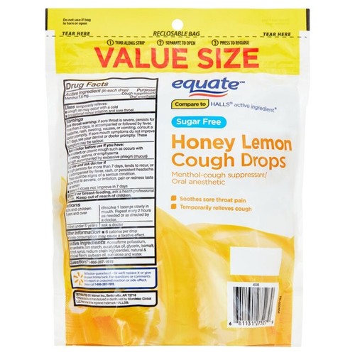 Equate Sugar Free Honey Lemon Cough Drops Value Size with Menthol,140