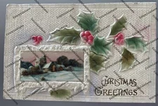 antique postcard 1912 embossed Christmas Greetings holly berries snowy cabin