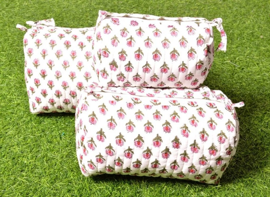 Indian Hand Block Printed Toiletry Bag 3 PC Set Unisex Makeup Bags Waterproof
