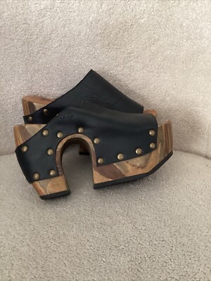 John Fluevog RETRO  Half Moon  Size 7 Platform Clogs Slides Wood Leather *READ*