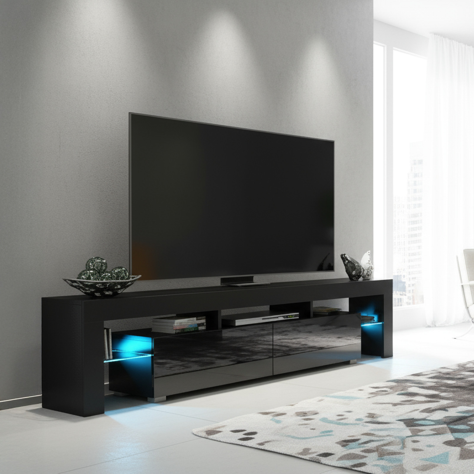 TV Unit Sideboard Cabinet TV Stand Black Gloss LED Media Storage Console 200cm