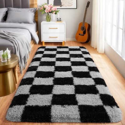 Pionblank Checkered Rug for Bedroom 2x6, 2' x 6' (Runner), Black & Grey 