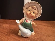 Vintage Ucagco Ceramics Japan Figurine Little Boy Farming 5” Tall