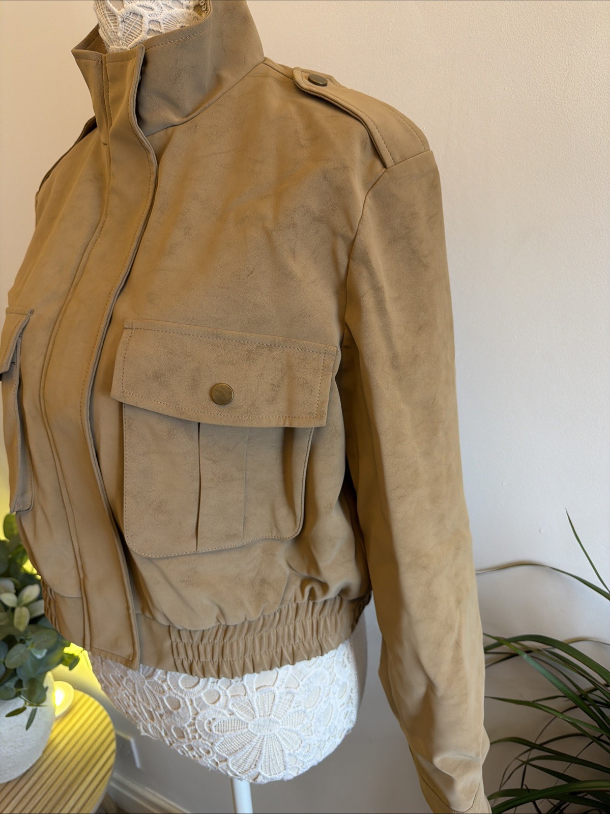 Glamify Size L Jacket Lined Cropped Tan Brown Bomber Leather SuedeFeel Military image 8