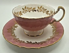 AYNSLEY Teacup & Saucer set Bone China Pink & Gold Purple Floral  England Gift