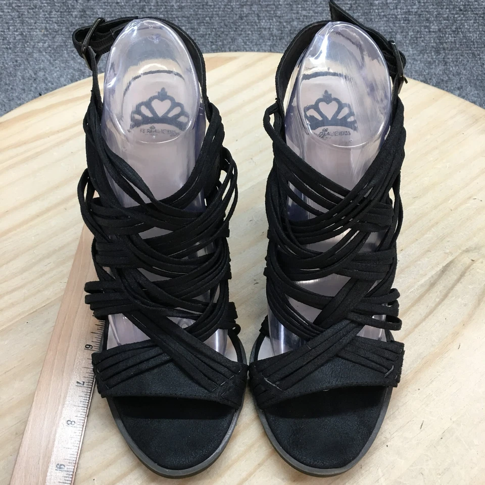 Sandalias Fergalicious by Fergie para mujer 9,5 M Howdy tiras negras cuña informales Foto 4 de 4