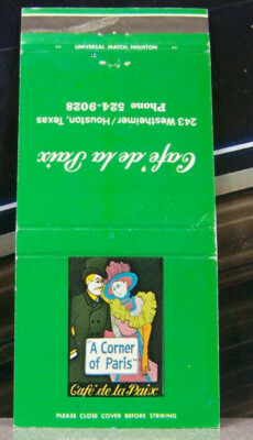 Vintage Matchbook Cover V6 Houston Texas Cafe De La Paix Corner Paris Colorful