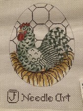 Hand Painted Needlepoint Canvas Rooster Nest Chicken Wire Egg Oval JF NeedleArt