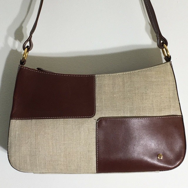 Vintage Etienne Aigner Shoulder Handbag Purse Canvas Leather Beige