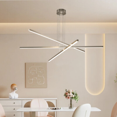 Modern Chrome Linear Chandelier 48'' Ceiling Pendant Light Dimmable Lamp Fixture