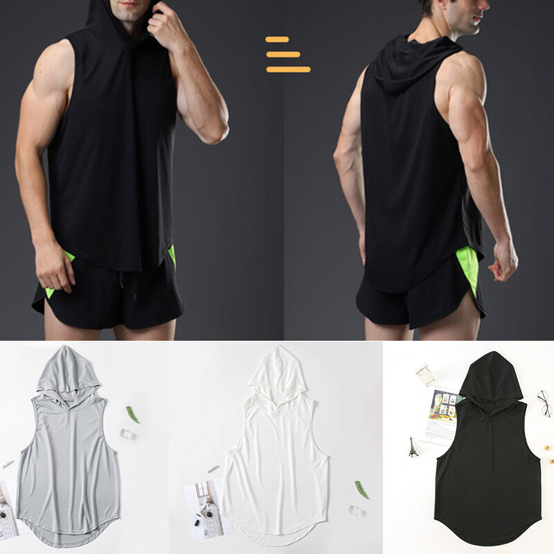 Hoodie Vest T Shirts Plain Gym Muscle Tank Top Hooded Tee Sleeveless Quick Dry-image