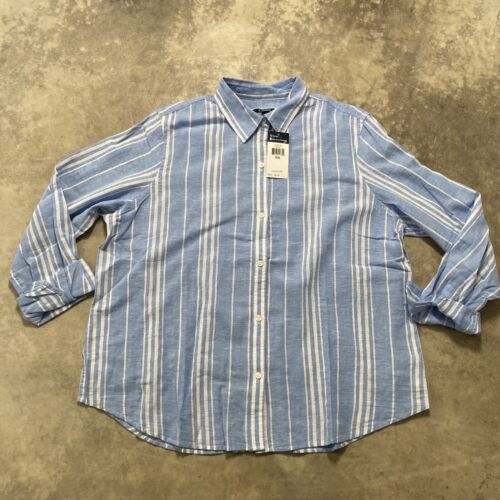 Chaps Shirt Womens Plus Size XXL Blue White Strip Linen Blend Collared Summer