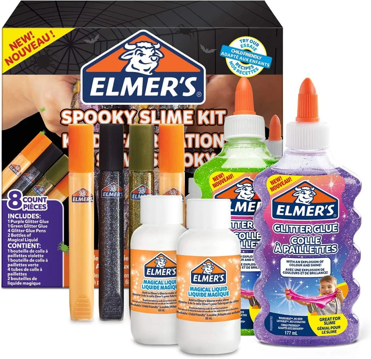 Elmer's 8 Piece Glue Spooky Slime Kit with Clear PVA glue, Glitter and glue  Pens