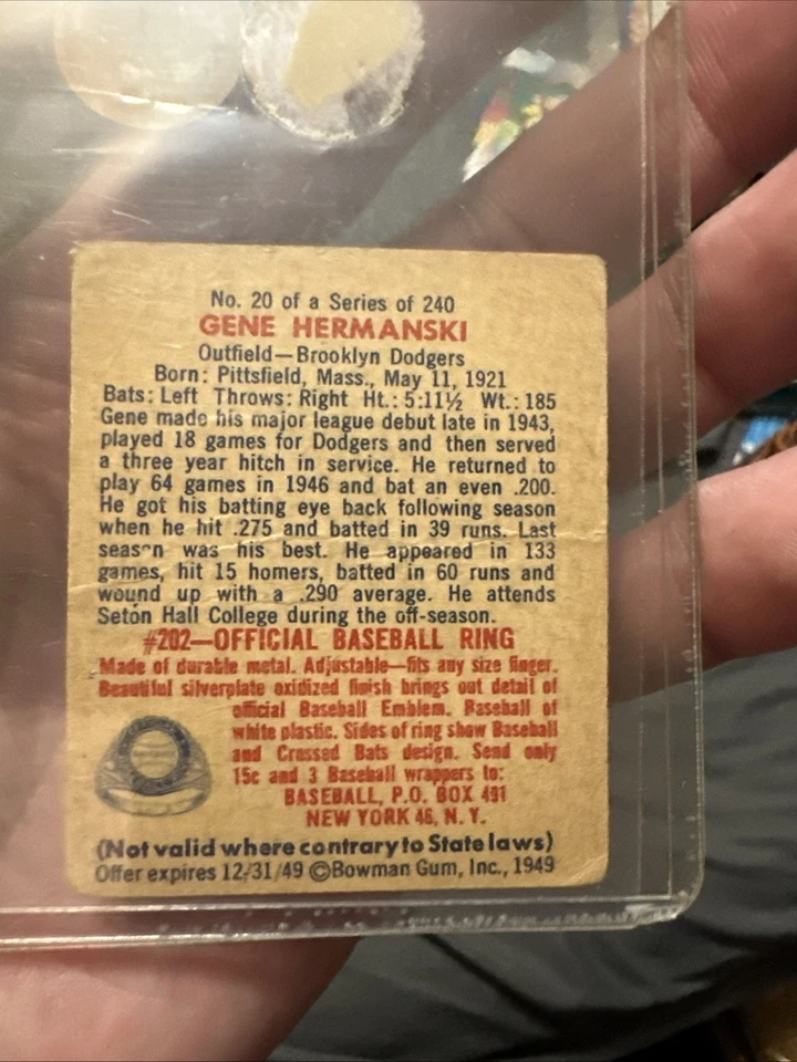 1949 Bowman - Gene Hermanski #20 White Back - Image 2 of 2