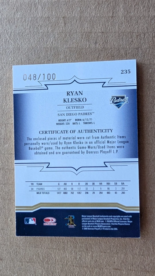 2005 Threads RYAN KLESKO DUAL MATERIAL/ PATCH Card 48/100 SAN DIEGO PADRES bb - Image 2 of 2