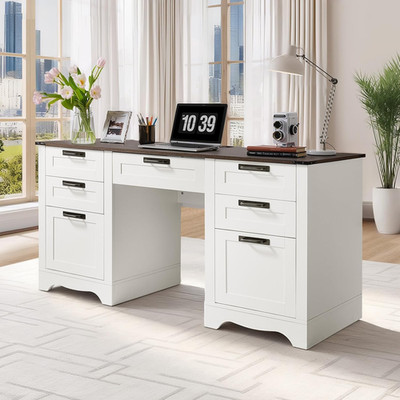 Walnut 60'' Executive Desk with Drawers & Charge Station for Home Office