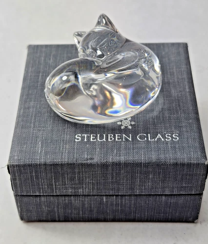 Vintage Steuben Crystal Glass Sleeping Cat Hand Cooler Paperweight 1970's